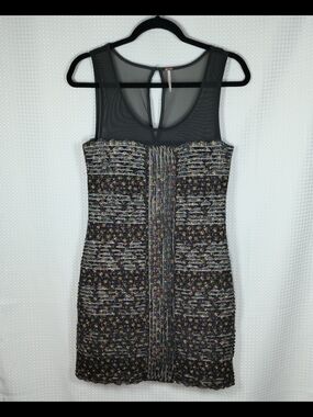 Free People Women's Gray Floral Mesh Ruffle Shimmy Bodycon Mini Dress. Size SP